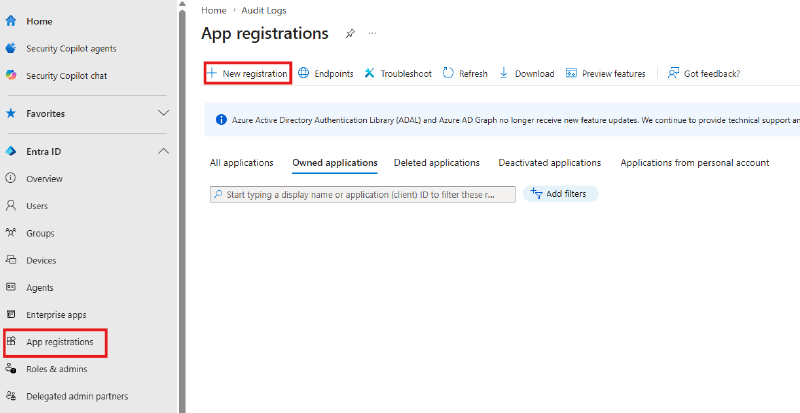 App registrations blade with New registration highlighted