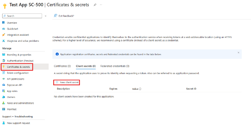 Certificates and secrets blade