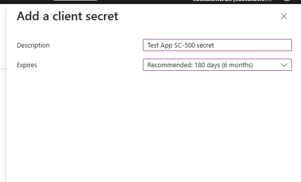Add a client secret pane