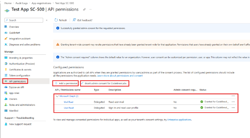 API permissions with admin consent granted
