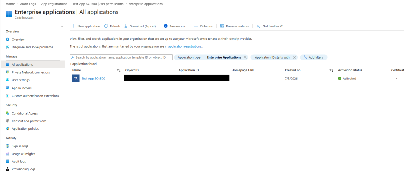 Enterprise applications list showing the test app