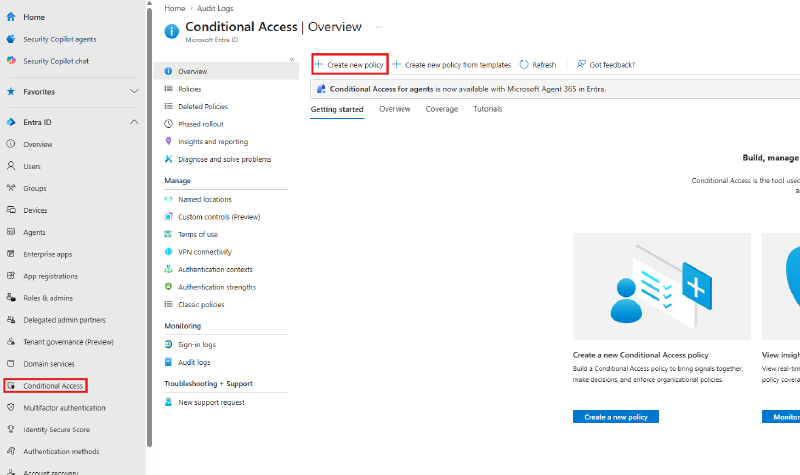 Conditional Access overview with Create new policy highlighted
