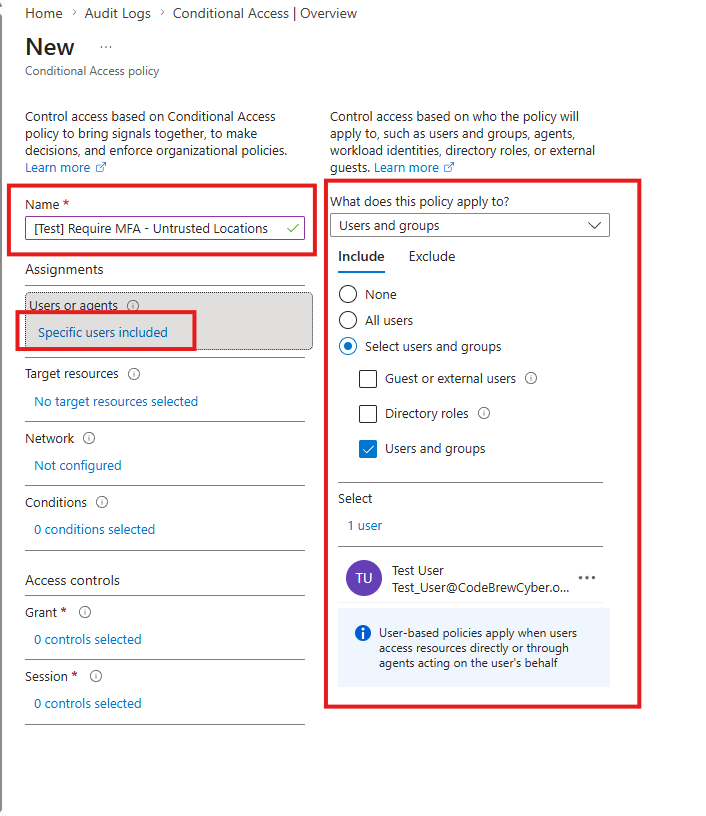 New policy with the test user assigned