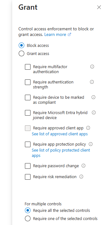 Grant pane with Block access selected