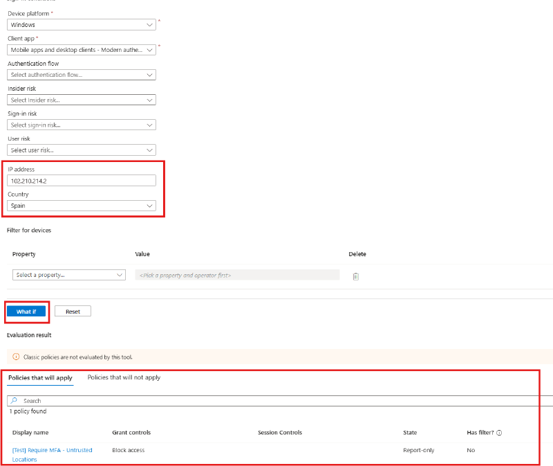 Evaluation result showing the policy applies with Block access