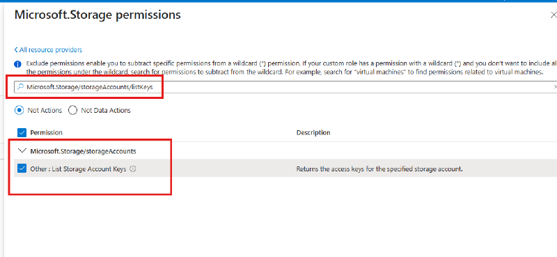 Excluding the listKeys permission as a NotAction