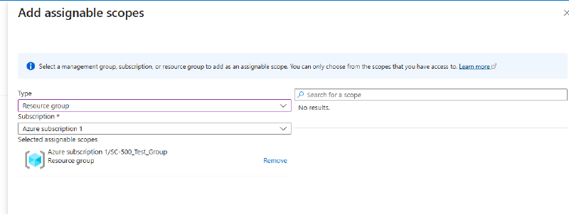 Adding the test resource group as an assignable scope