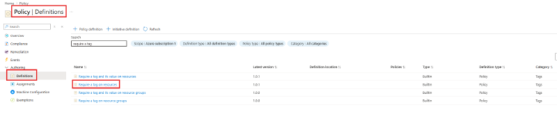 Policy definitions filtered to Require a tag on resources