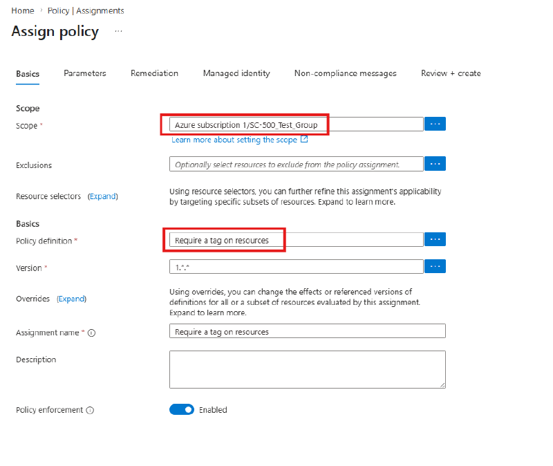 Assign policy Basics tab with scope and definition set