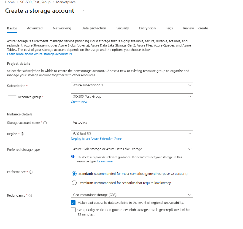 Creating a storage account in the test resource group