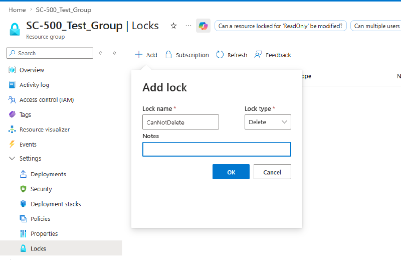 Add lock dialog with Delete lock type