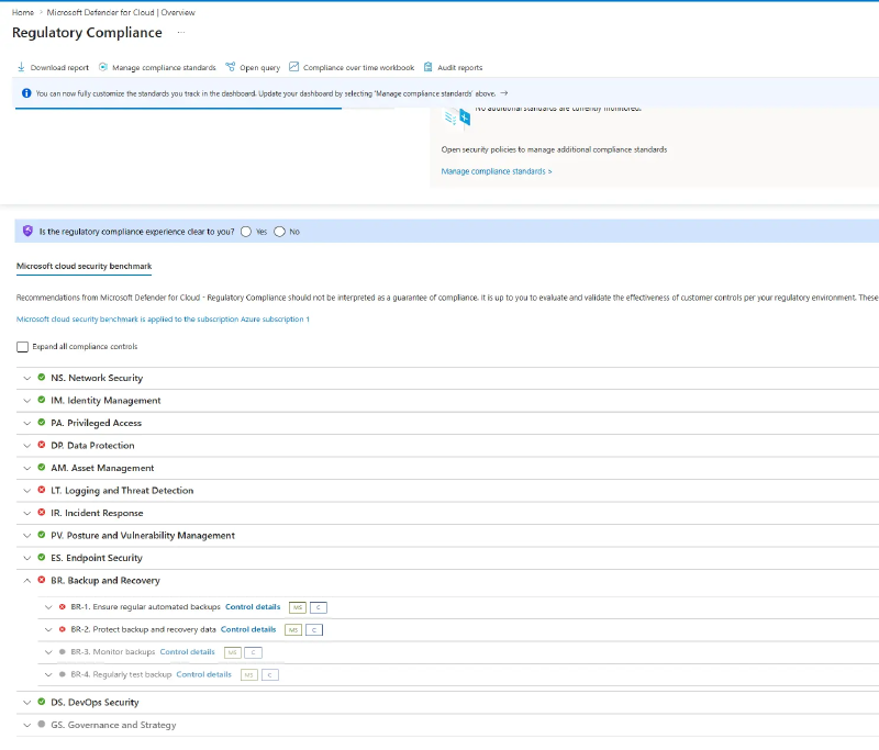 Regulatory compliance showing MCSB control families