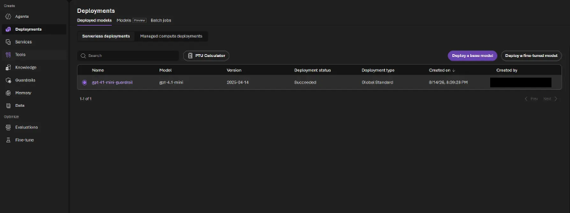 Foundry Deployments list showing gpt-41-mini-guardrail deployed from gpt-4.1-mini with status Succeeded