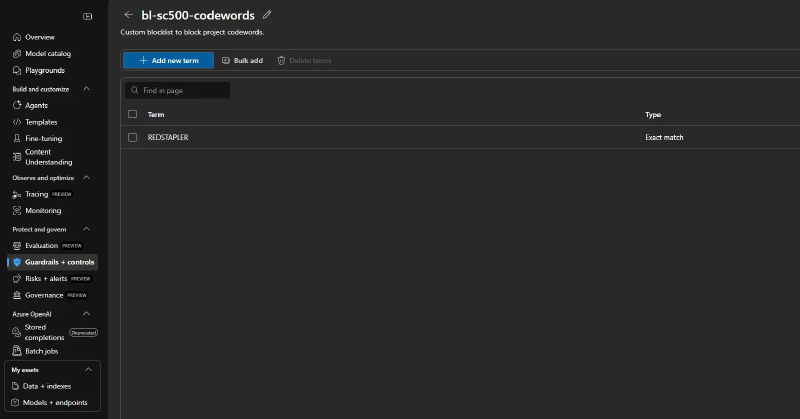 Custom blocklist bl-sc500-codewords containing the single exact-match term REDSTAPLER