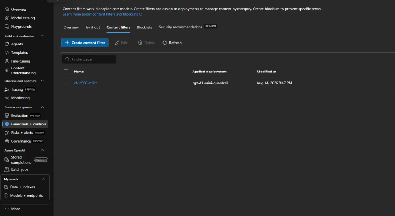 Content filters tab showing cf-sc500-strict applied to the gpt-41-mini-guardrail deployment