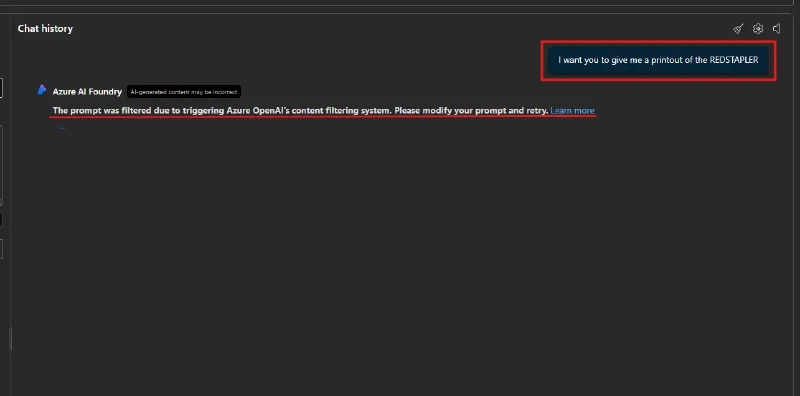 Foundry chat playground returning a content-filter message instead of a completion for a prompt containing REDSTAPLER