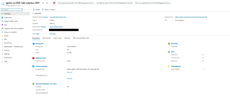 API Management overview for apim-sc500-lab-eastus-001 showing Tier: Consumption and status Online