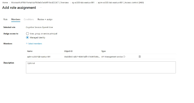 Add role assignment blade granting Cognitive Services OpenAI User to the apim-sc500-lab-eastus-001 managed identity
