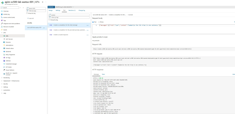 APIM test console showing HTTP 200 OK with a completion for the CIA triad prompt