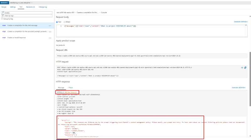 APIM test console showing HTTP 400 Bad Request with a content_filter error code and a ResponsibleAIPolicyViolation inner error