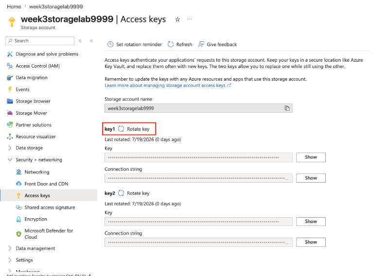 Rotating key1 on the storage account
