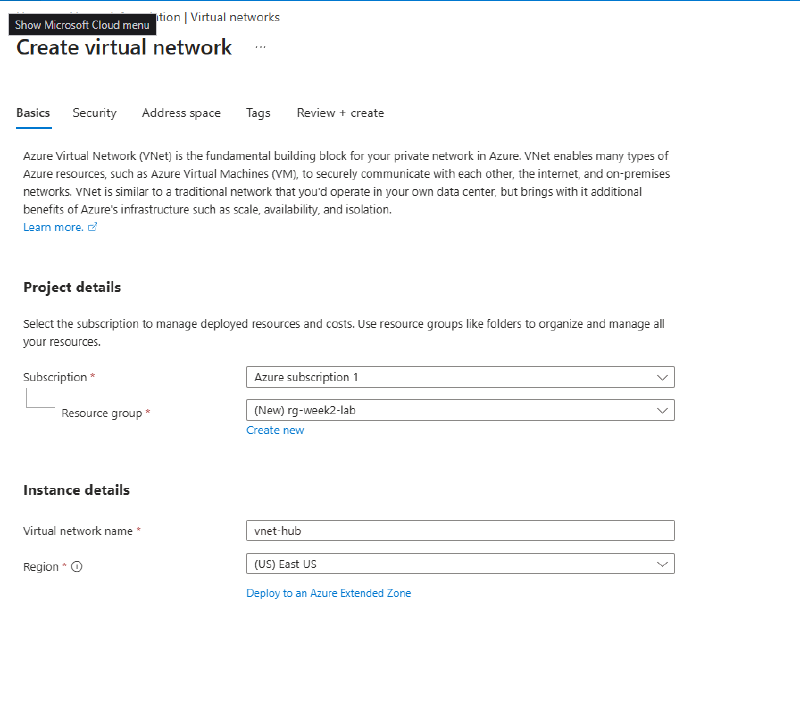 Create virtual network Basics tab
