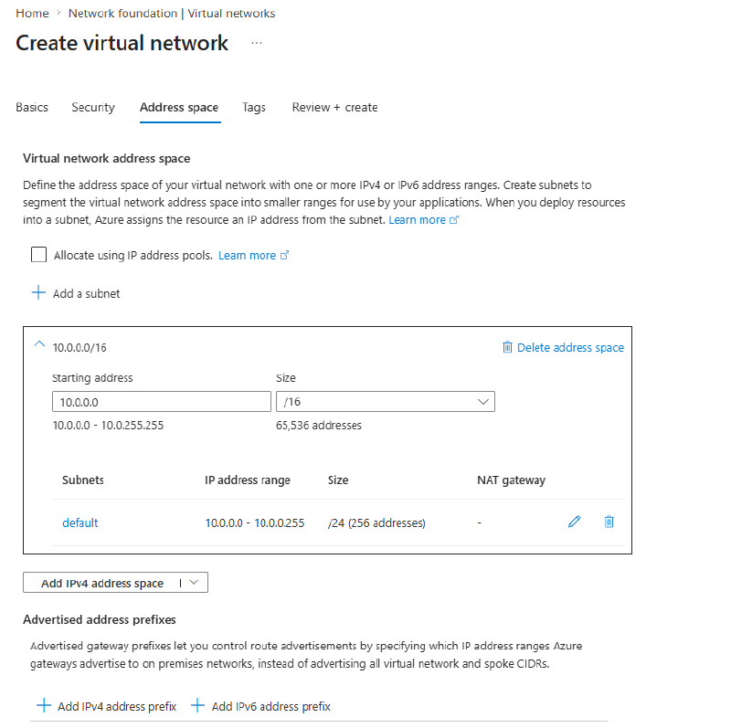Address space tab with 10.0.0.0/16