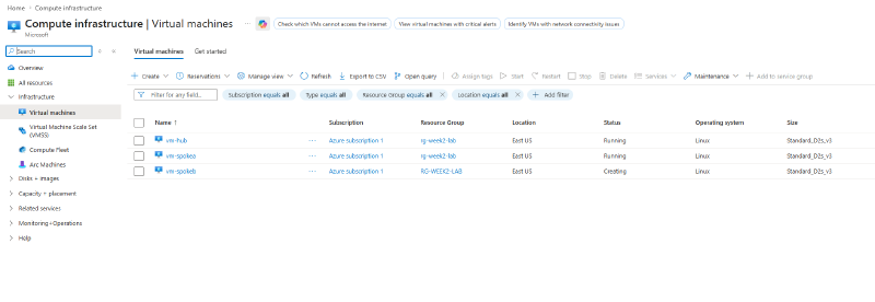 Virtual machines list showing all three lab VMs