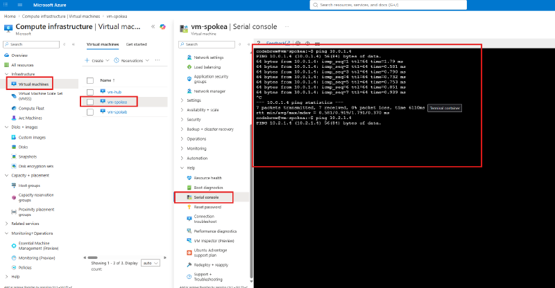 Serial console showing hub ping succeeding and spoke-b ping hanging