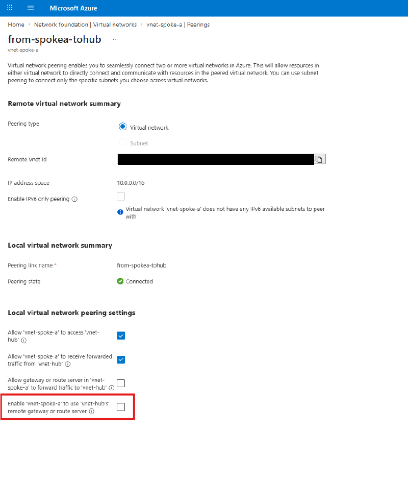Peering settings with the gateway transit checkboxes