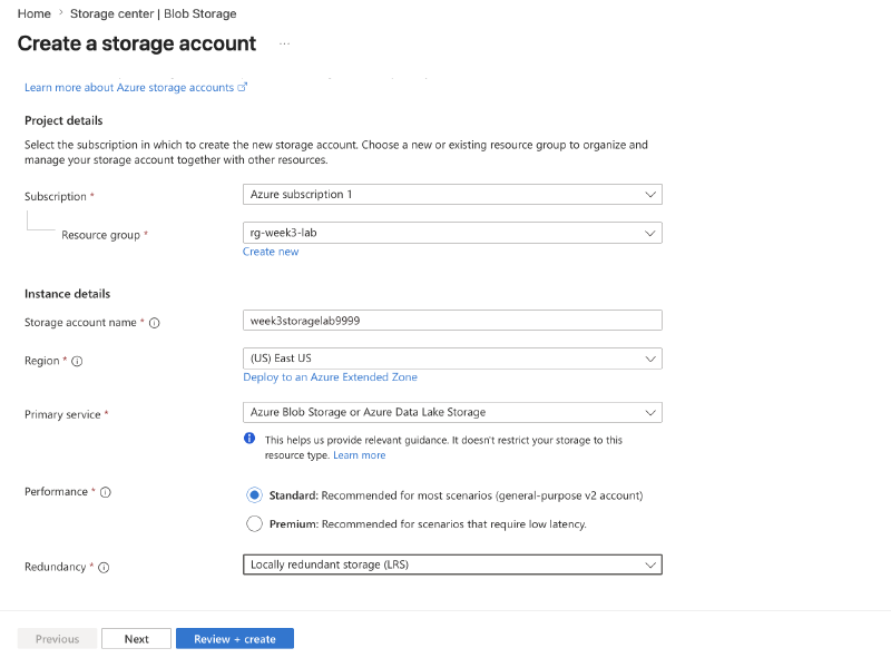 Creating the storage account