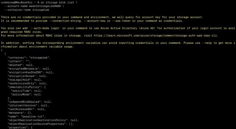 CLI listing the container contents as a baseline