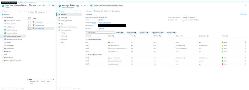 NSG overview showing the SSH allow rule and default rules