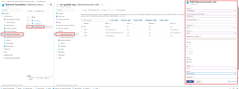 Add inbound security rule pane with the deny rule configured