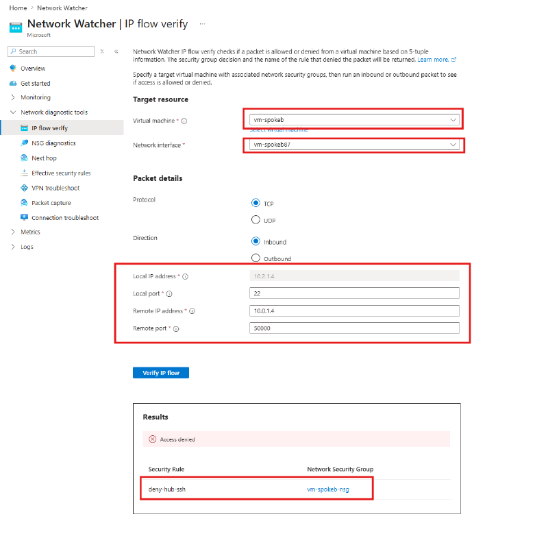 IP flow verify result showing access denied by deny-hub-ssh