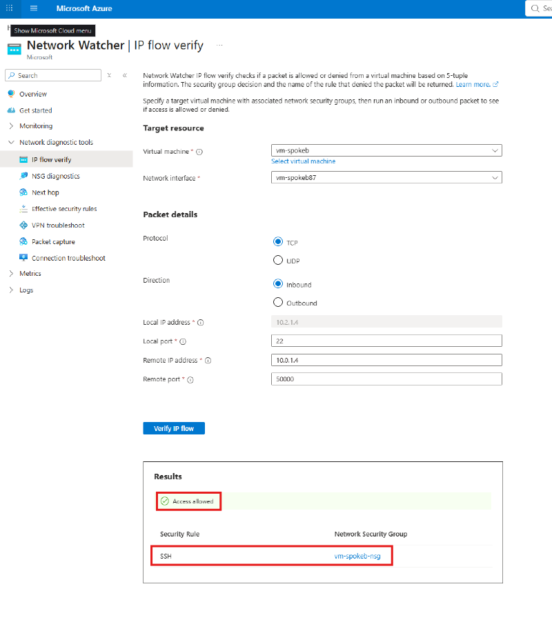IP flow verify result showing access allowed by the SSH rule