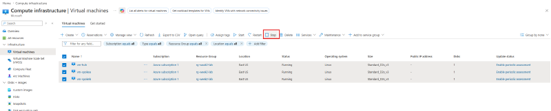 Selecting all three VMs with the Stop button highlighted
