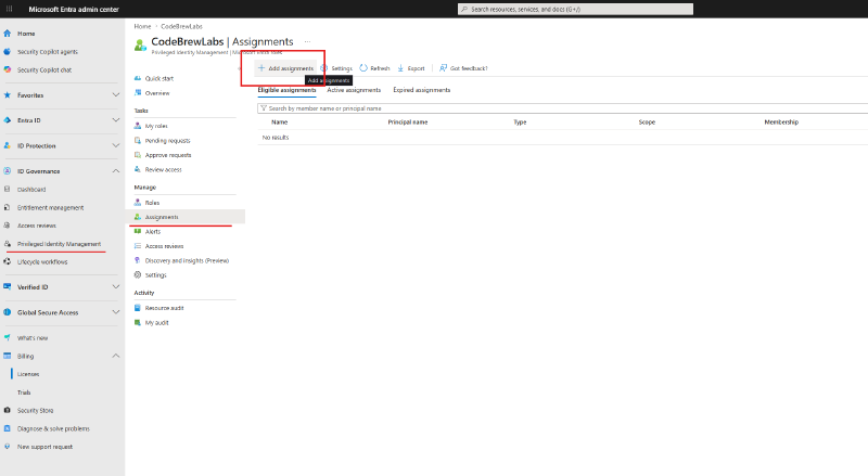 PIM assignments blade with Add assignments highlighted