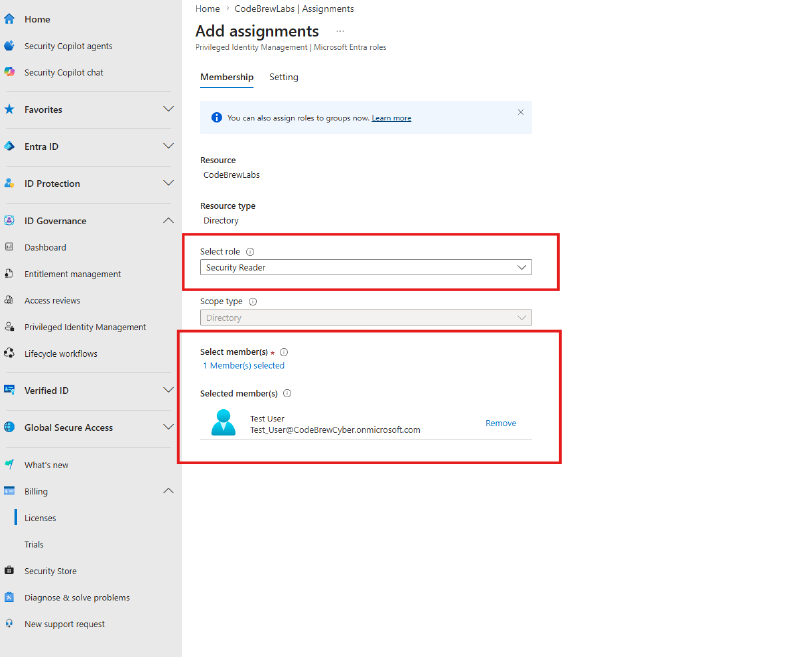 Add assignments membership tab with Security Reader and the test user