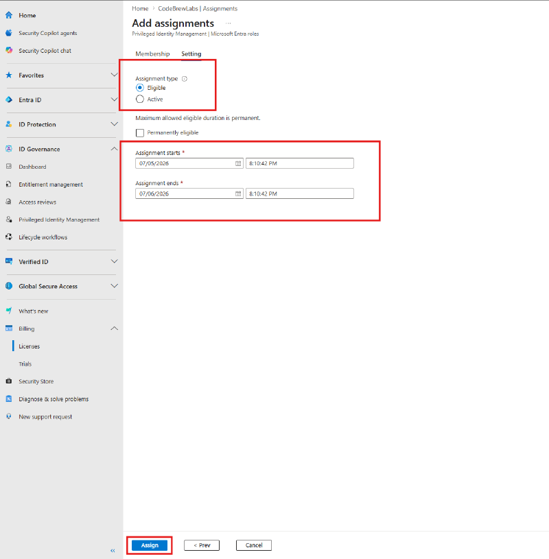 Setting tab with Eligible selected and assignment window