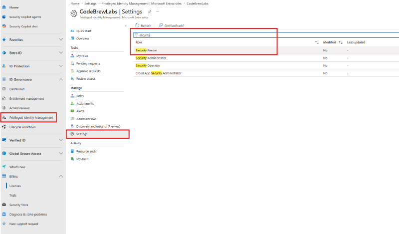 Role settings list filtered to security roles