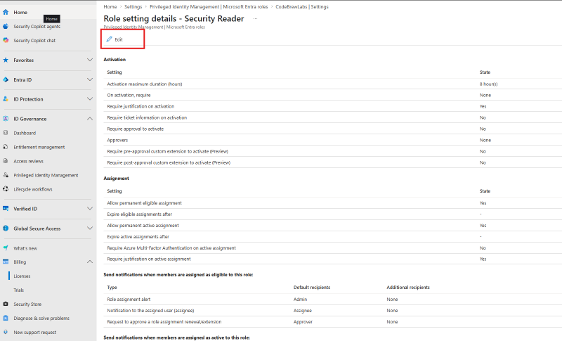 Role setting details for Security Reader with defaults