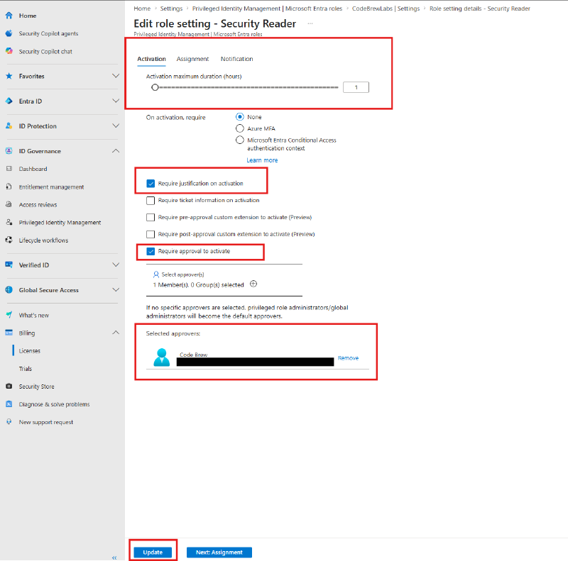 Edit role setting with duration, justification, and approval configured