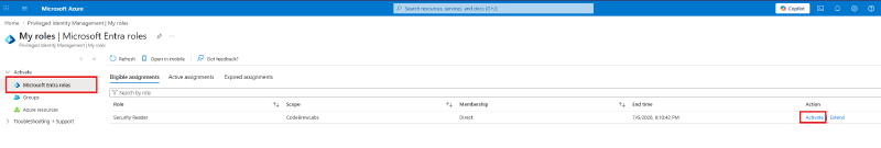 My roles showing the eligible Security Reader assignment with Activate link