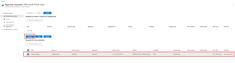 Approve requests blade with the pending activation selected