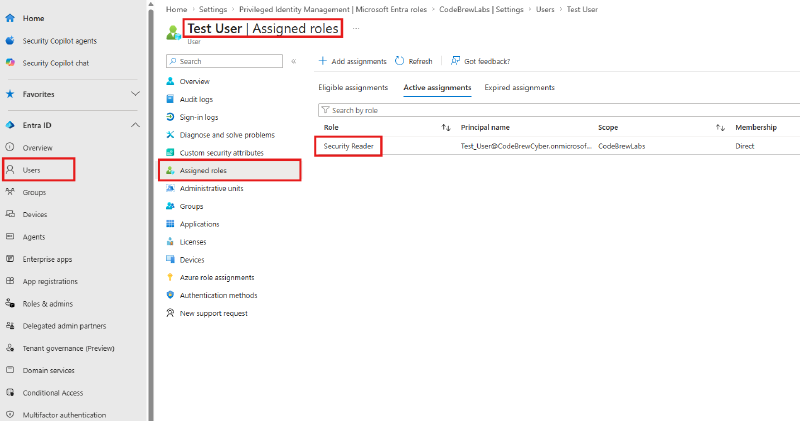 Test user assigned roles showing Security Reader as active