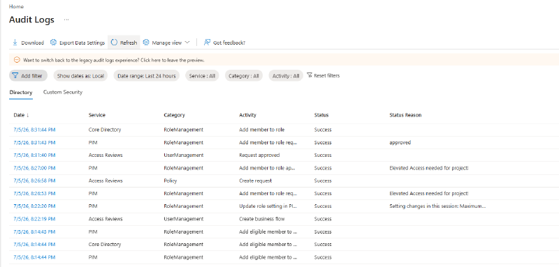 Audit logs showing the full PIM request and approval chain