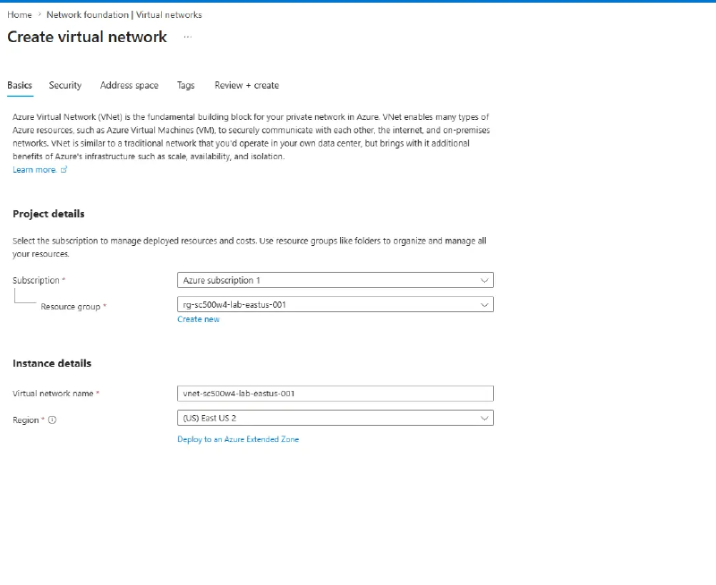Create virtual network Basics tab