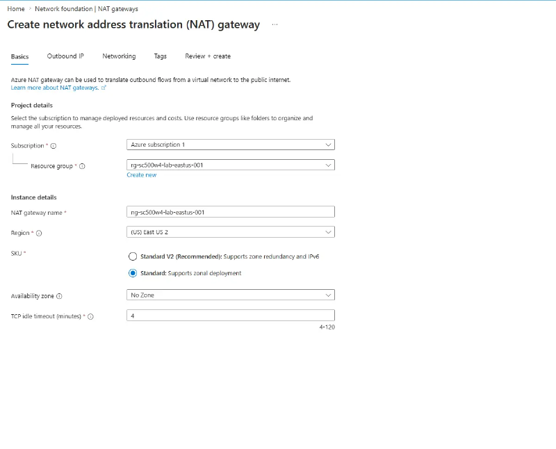 NAT gateway Basics tab
