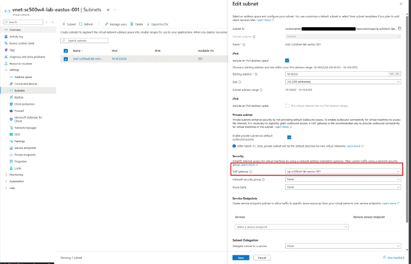 Subnet showing the NAT gateway association
